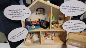 Modellpuppenhaus mit eingerichteten Zimmern und Playmobilfiguren. Die Verschiedenen Sensoren sind im Haus verteilt, an den Seiten des Hauses sind Sprechblasen mit verschiedenen Anekdoten aus der Feldforschung befestigt.