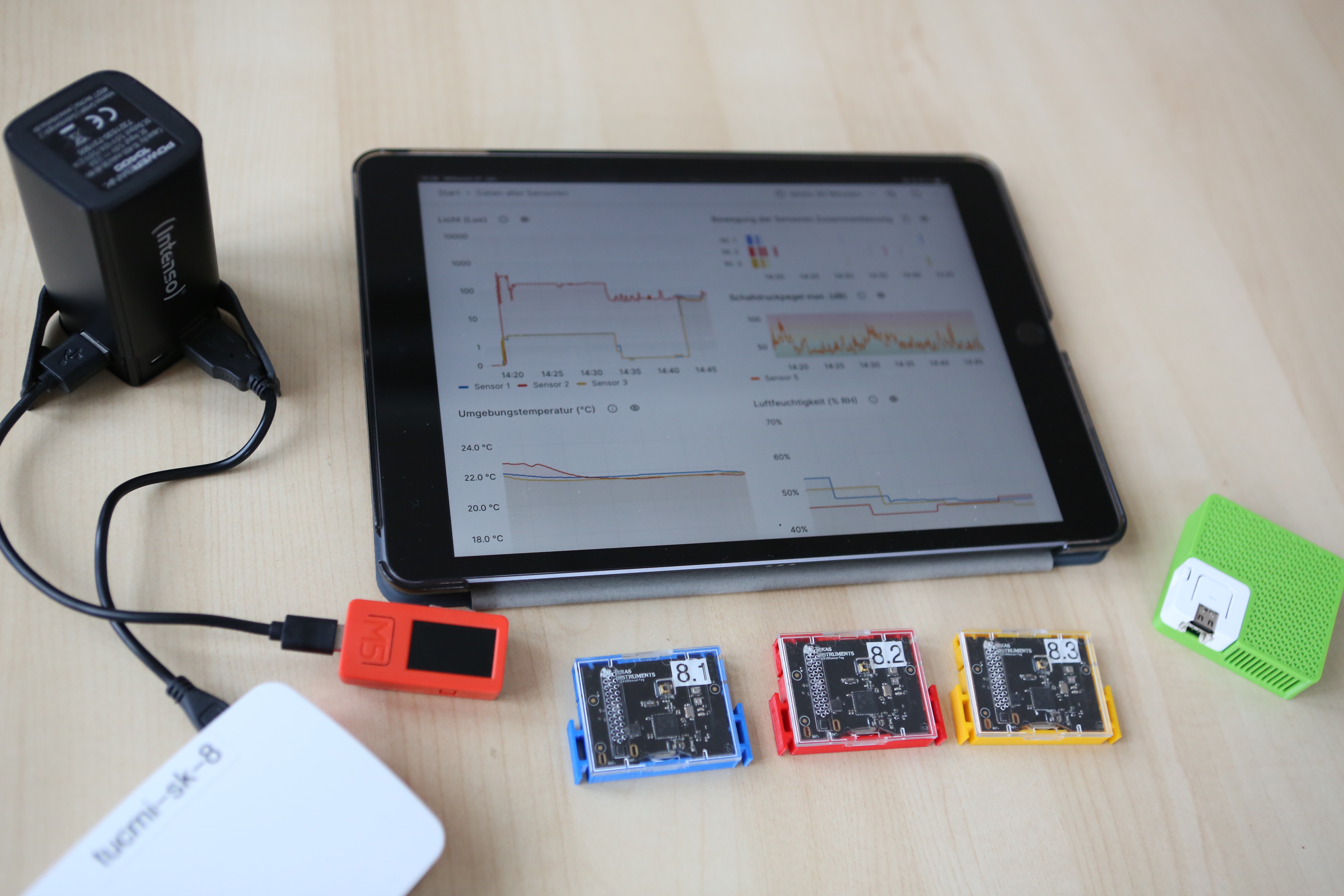 Die verschiedenen Sensoren inklusive neuer Sensoren für Lautstärke und Luftqualität neben einem Tablet, welches Sensordaten anzeigt