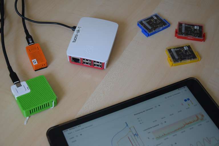 Raspberry Pi, drei Sensortags, grüner und orangener Sensor und ein Tablett mit Datenvisualisierung auf einem Tisch