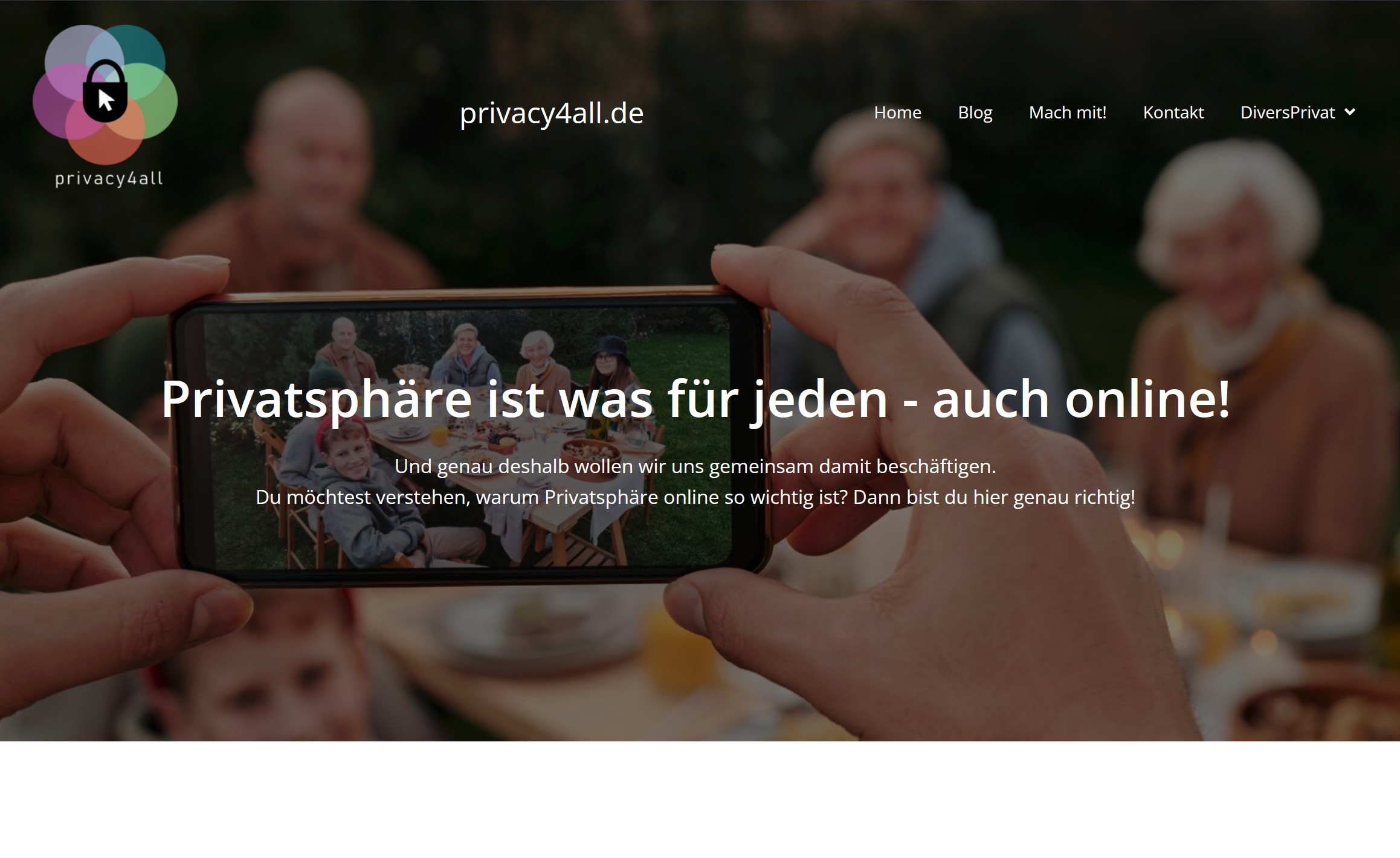 Screenshot der Website privacy4all.de mit Titel "Privatsphäre ist was für jeden - auch online!"