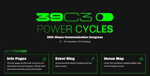 Startseite der Informationswebseite zum 39C3 - oben groß "39C3 Power Cycles", darunter kleiner "39th Chaos Communication Congress" und "27. - 30. December, CC Hamburg"