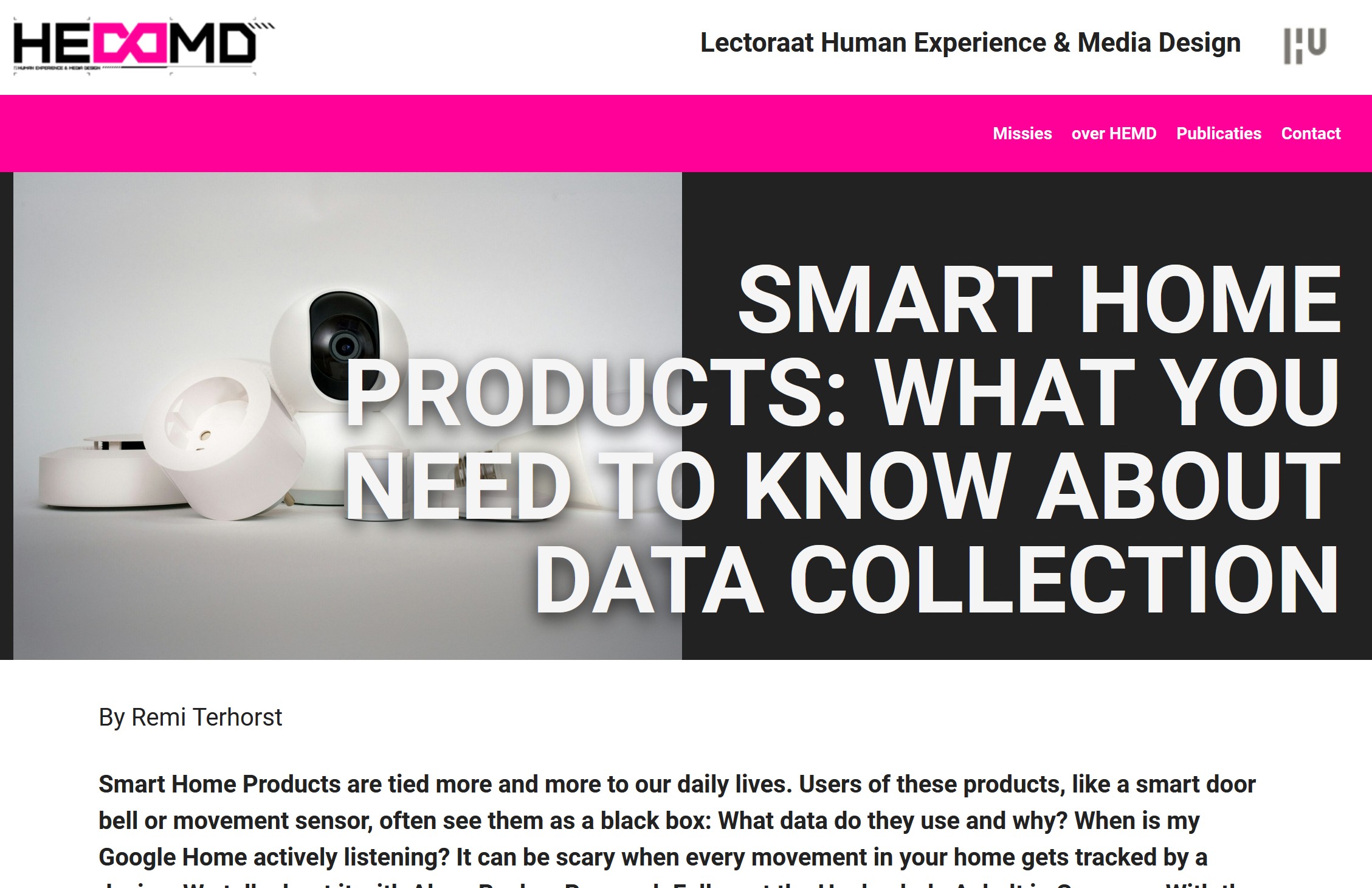 Screenshot des Blogbeitrags - im Vordergrund der Titel "Smart Home Products: what you need to know about data collection", dahinter ein Bild von einer Kamera und einem Stromzähler