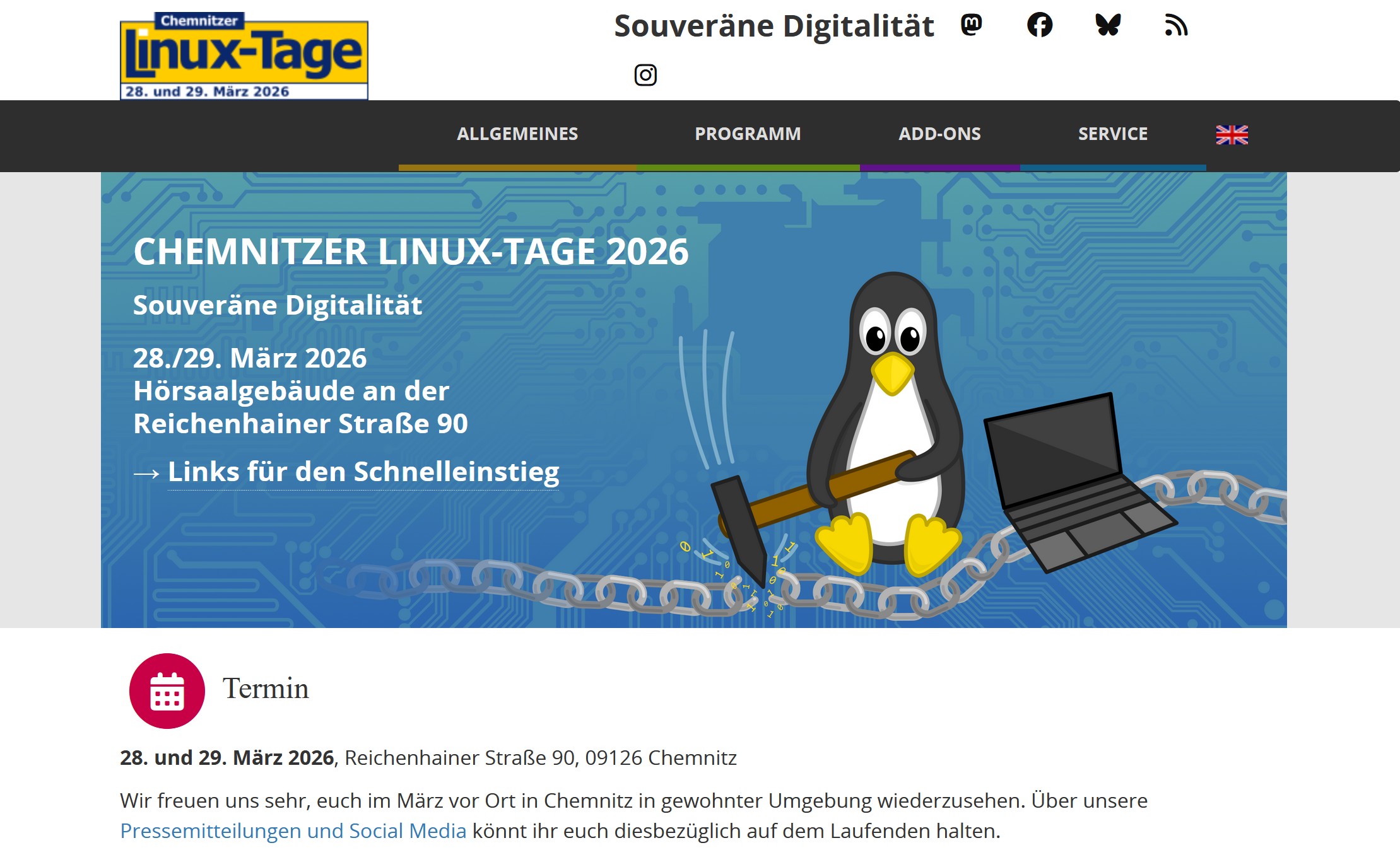 Screenshot der Startseite der Website der Chemnitzer Linuxtage; Neben einer Grafik eines Pinguins neben einem Laptop, der mit einem Hammer eine Kette zerschlägt, sind die Eckdaten der Linuxtage zu lesen. Motto: Souveräne Digitalität, Zeit: 28./29. März, Ort: Reichenhainer Straße 90