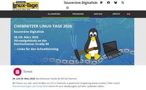Screenshot der Startseite der Website der Chemnitzer Linuxtage; Neben einer Grafik eines Pinguins neben einem Laptop, der mit einem Hammer eine Kette zerschlägt, sind die Eckdaten der Linuxtage zu lesen. Motto: Souveräne Digitalität, Zeit: 28./29. März, Ort: Reichenhainer Straße 90