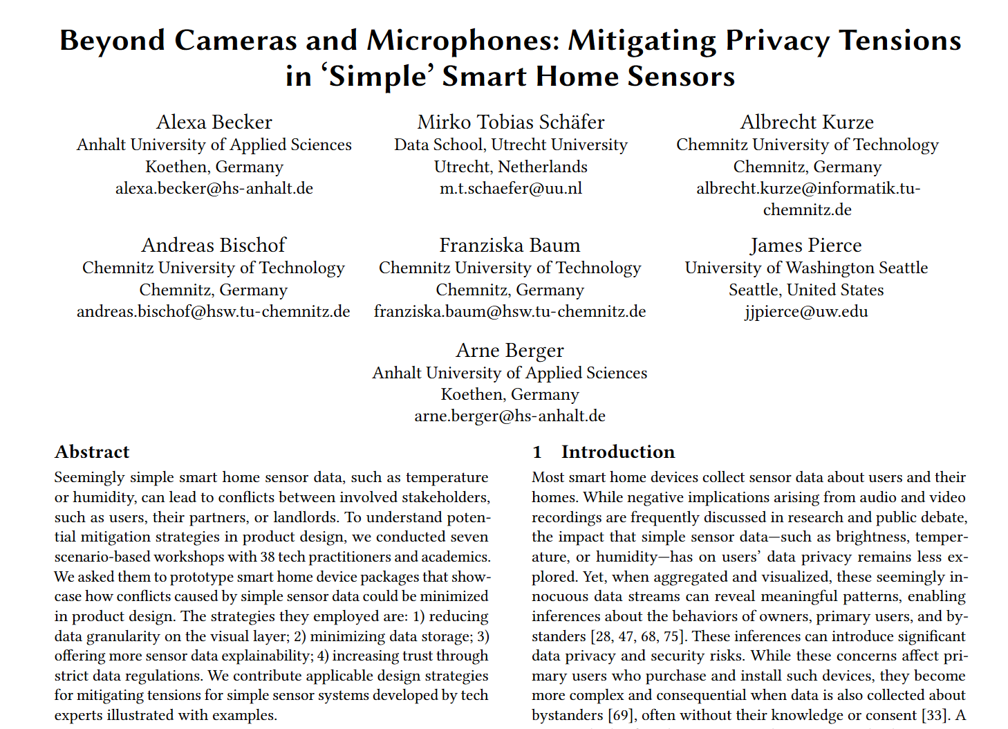 erste Seite des Papers "Beyond Cameras and Microphones: Mitigating Privacy Tensions in 'Simple' Smart Home Sensors"
