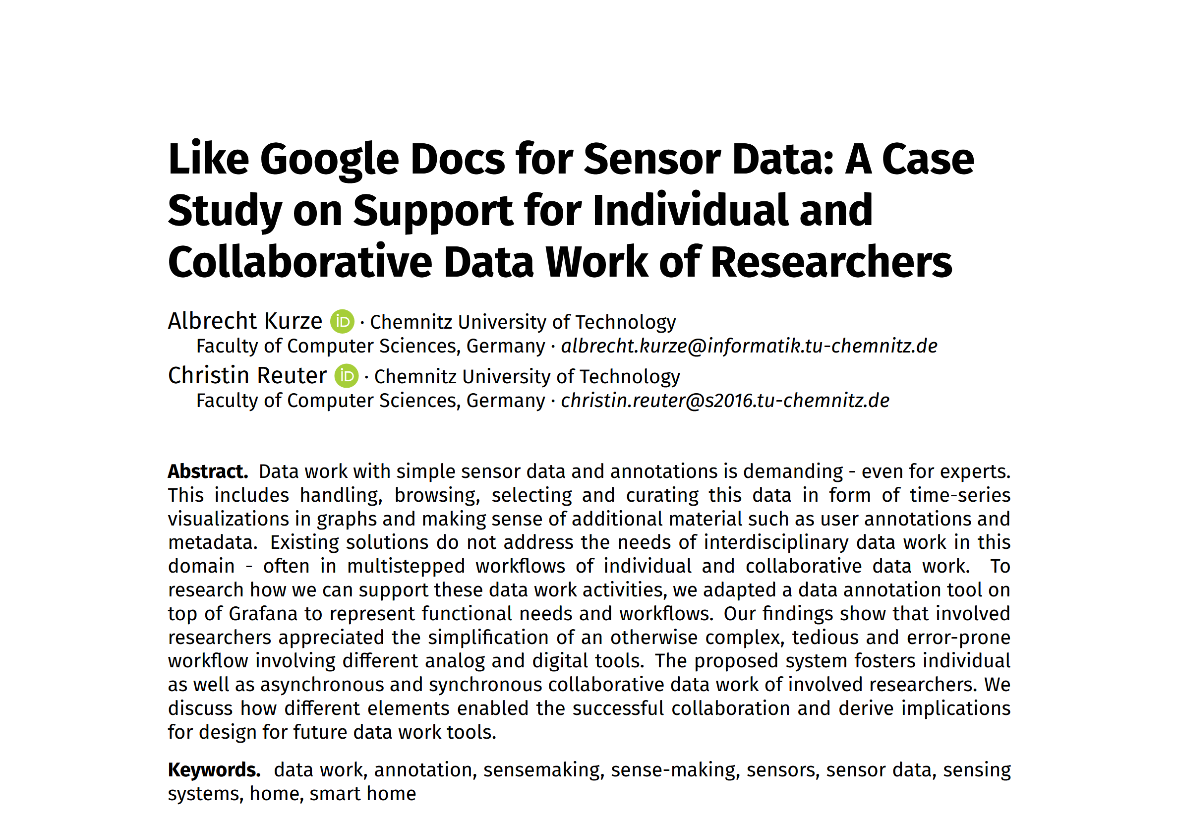 Ein Teil der ersten Seite des Papers mit dem Titel "Like Google Docs for Sensor Data: A Case Study on Support for Indiviual and Collaborative Data Work of Researchers"