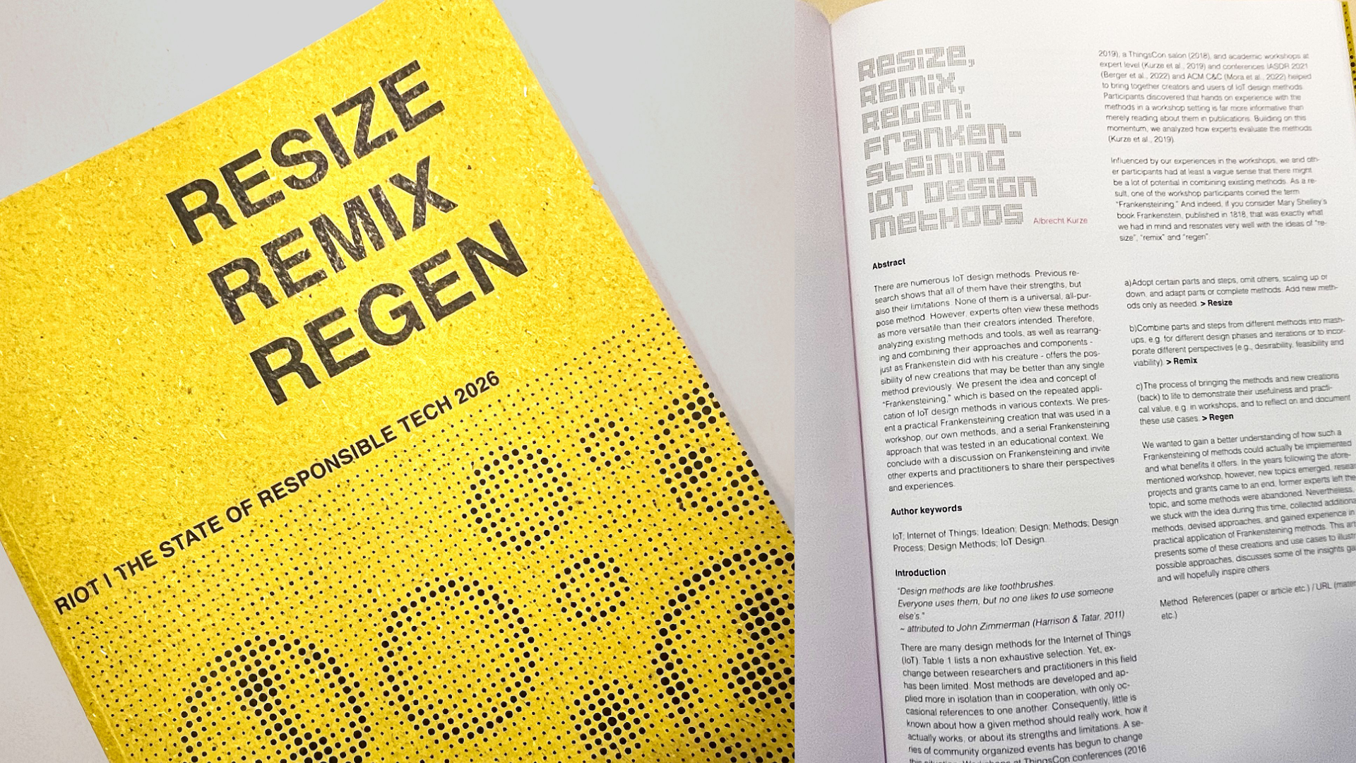 links: das Cover des RIOT 2026 mit dem Titel "Resize Remix Regen"; rechts: erste Seite des Beitrags mit dem Titel  "Resize, Remix, Regen: Frankensteining IoT Design Methods"