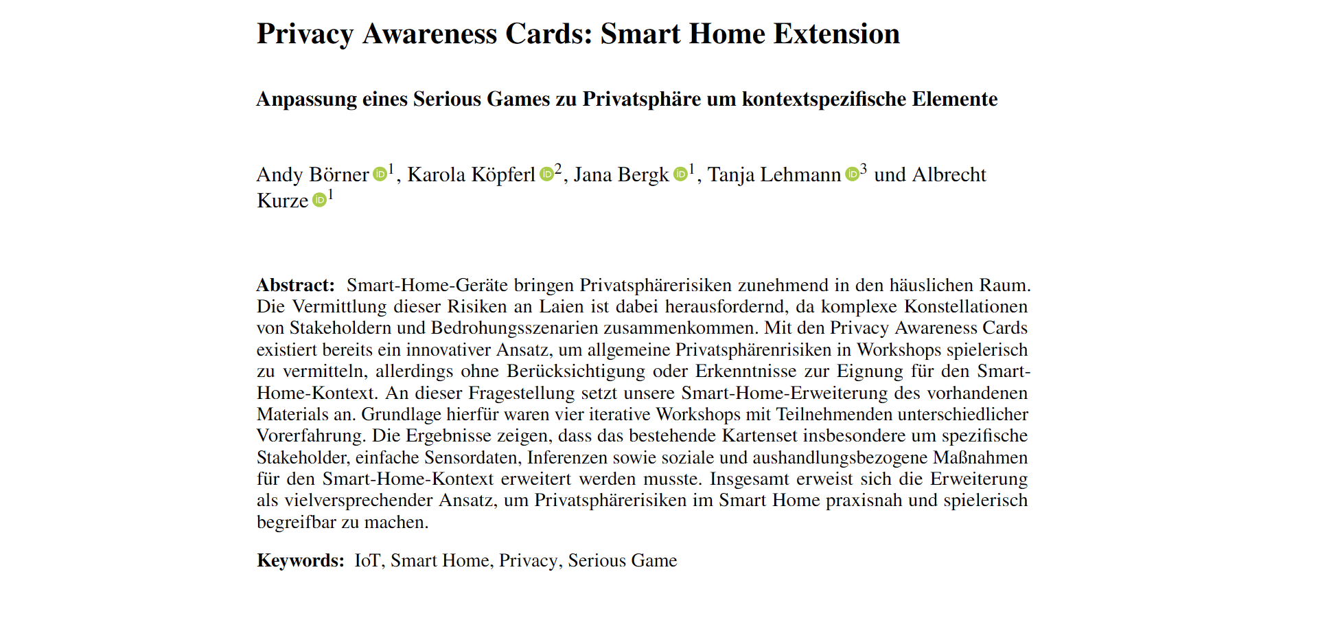 Titelseite der Veröffentlichung "Privacy Awareness Cards: Smart Home Extenson - Anpassung eines Serious Games zu Privatsphäre um kontextspezifische Elemente", inklusive Abstract.
