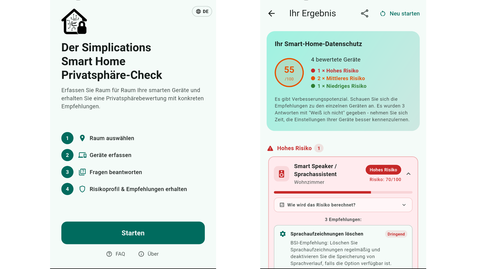 Startscreen und Ergebnisscreen der Simplications-App