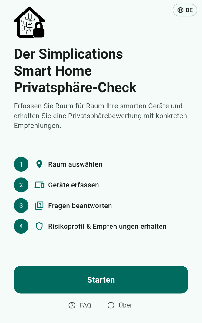 Smart Home Privatsphäre-Check mit Anleitung: 1. Raum auswählen, 2. Gerät erfassen, 3. Fragen beantworten, 4. Risikoprofil und Empfehlungen erhalten