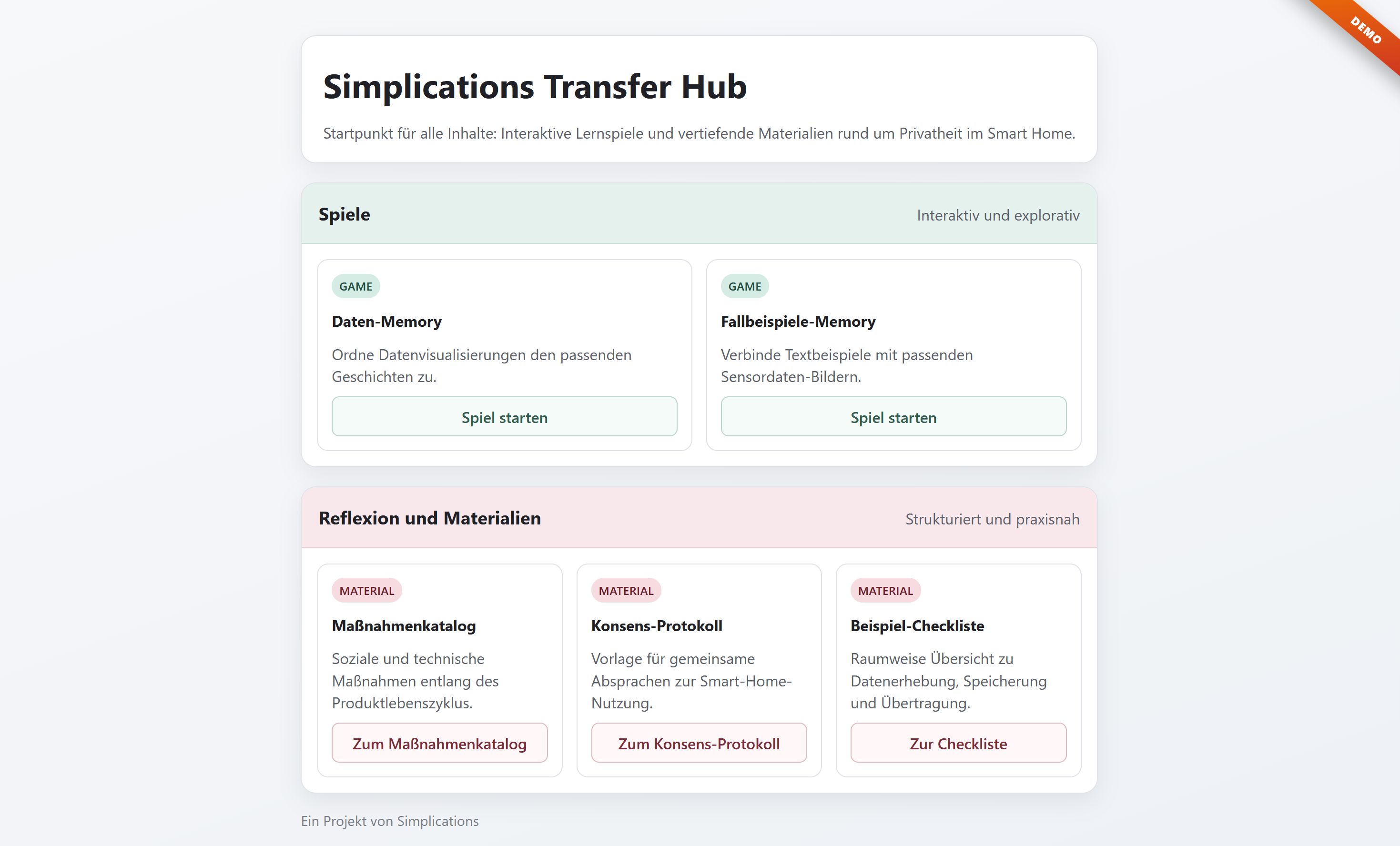Screenshot des Simplication Transfer Hubs: oben zur Auswahl drei Spiele: Daten-Memory und Fallbeispiel-Memory; unten Materialien zur Reflexion: Maßnahmenkatalog, Konsensprotokoll und Beispiel-Checkliste