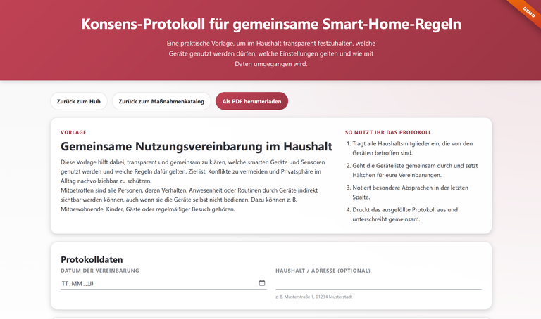 Screenshot der Website des Konsensprotokolls für gemeinsame Smart-Home-Regeln, mit Formular und anschließend herunterladbarer pdf-Datei