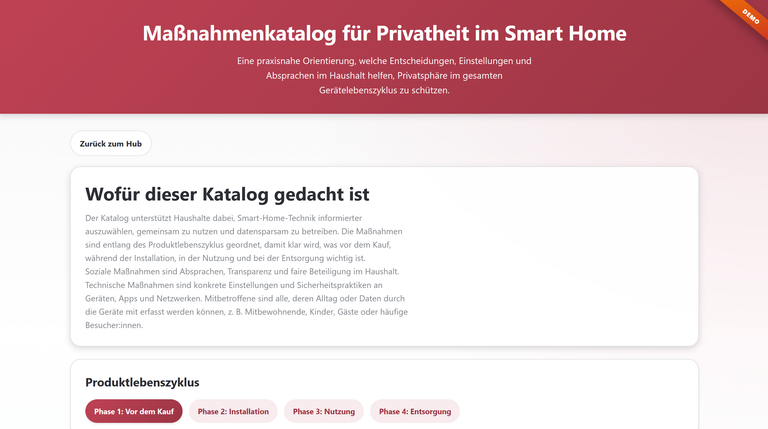 Screenshot der Website für den Maßnahmenkatalog für Privatheit im Smart Home