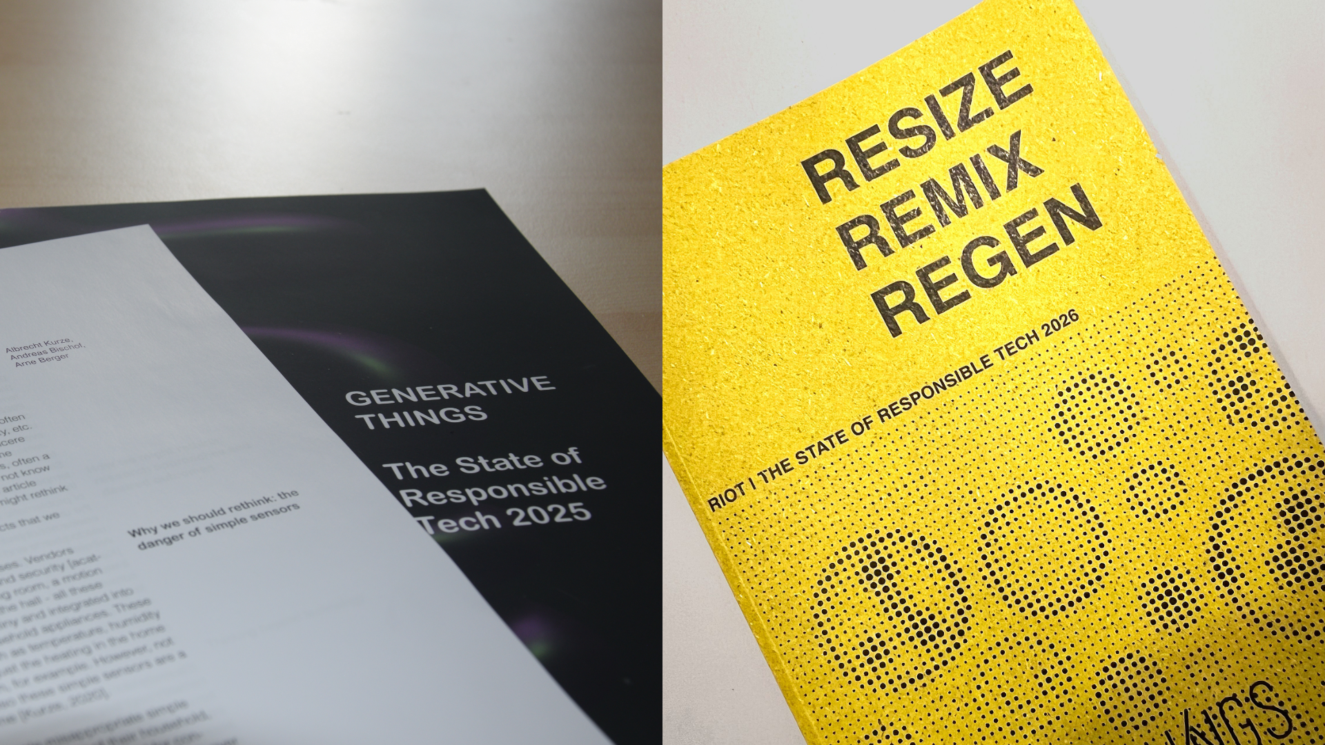 links: Cover des "The State of Responsible Tech 2025: Generative Things"; rechts: Cover des "The State of Responsible Tech 2026: Resize, Remix, Regen"